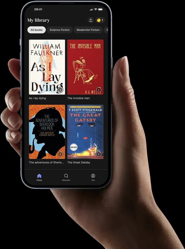 oBook app screen showing a book playing as AI-narrated audio