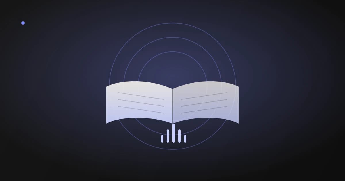 Illustration of an open book with sound wave bars rising from the pages, representing reading and listening together