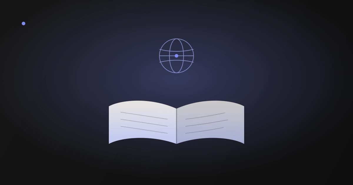 Illustration of an open book beneath a globe, with the right-hand page's lines curving differently from the left, representing reading across two languages